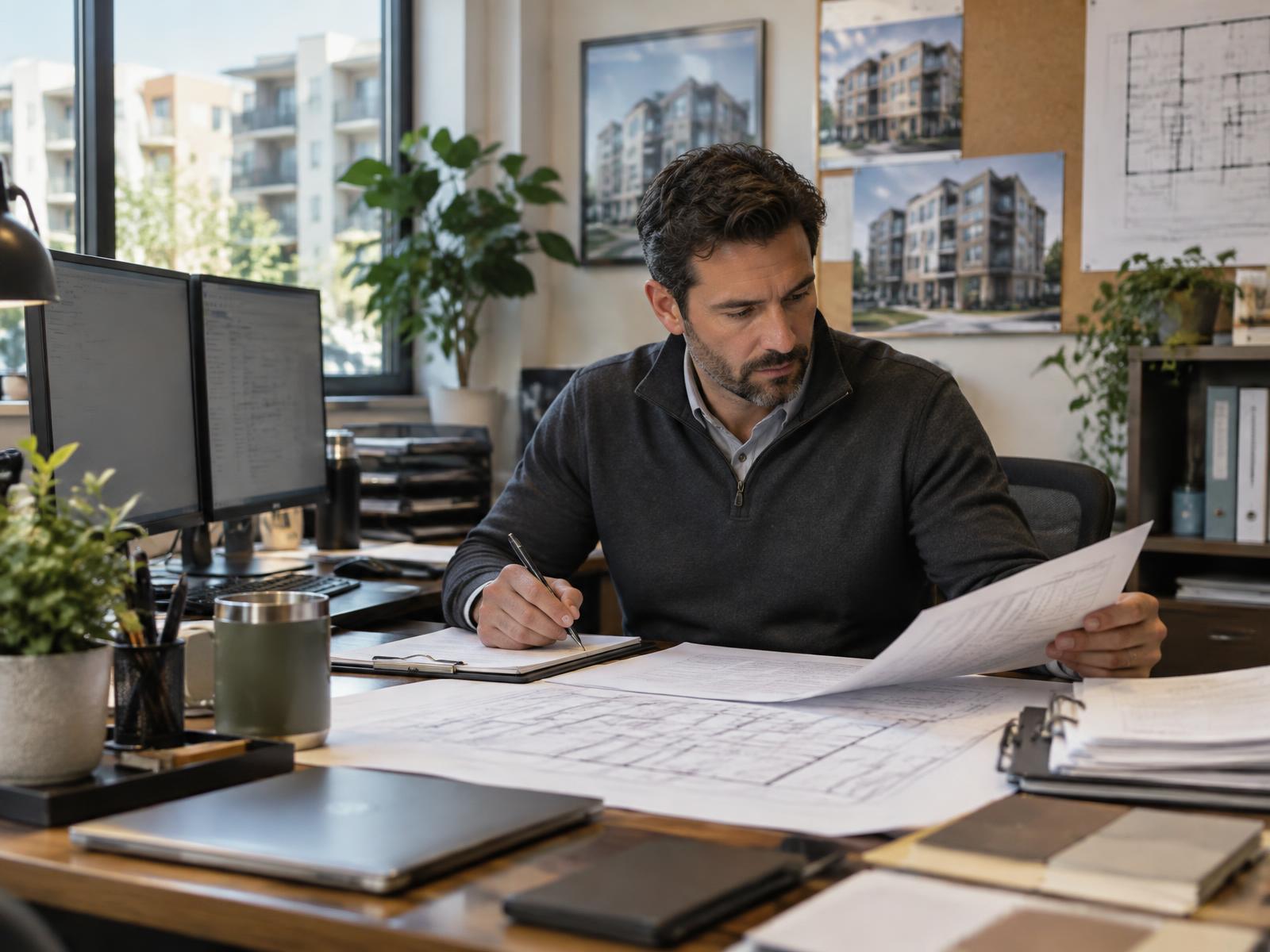 Property maintenance coordinator reviewing a repair queue and building plans at an organized operations desk