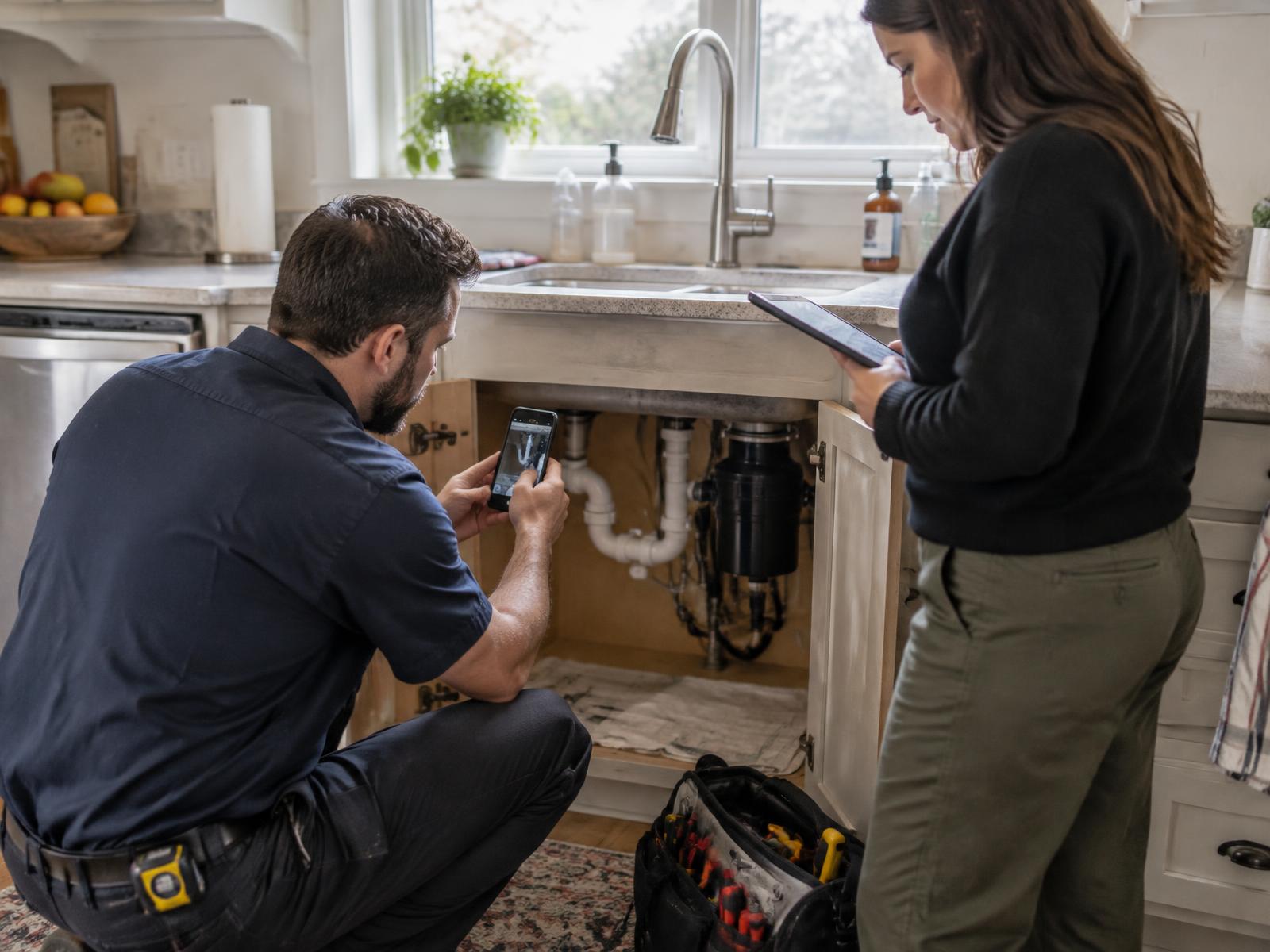Maintenance technician documenting a completed plumbing repair while a coordinator reviews the work order
